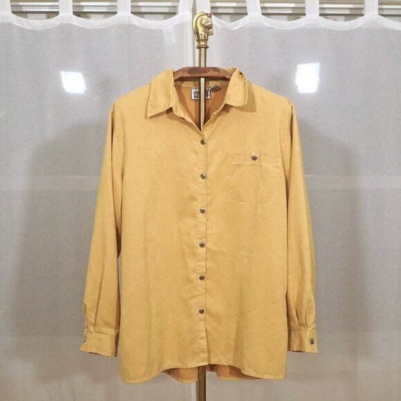 Vintage 90s Chico's Faux Suede Butter Yellow Button Front Blouse - Picture 1 of 7